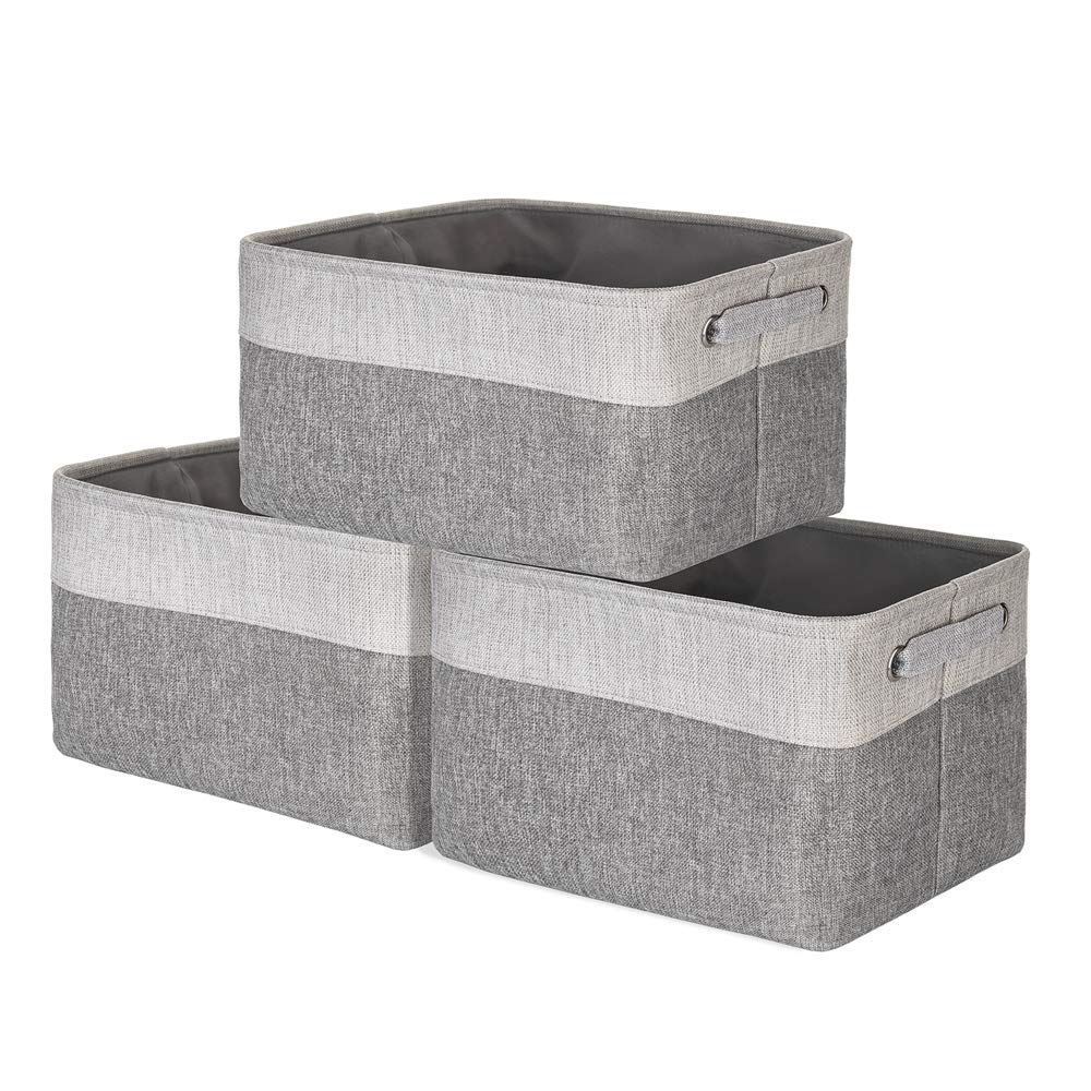 Luxxli Premium Storage Collapsible Basket Large Foldable Cube Bin Fabric Box with Handles Boxes for Home Clothes Toys Books Towels Nursery - Light/Dark Grey - Set Of 3 Baskets