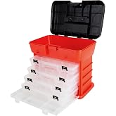 Small Parts Organizer Box - 11-Inch Portable Storage Case with 4 Removable Multi-Compartment Trays for Screws, Beads, Small Fishing Tackle, Hardware, and Craft Supplies by Stalwart (Red)