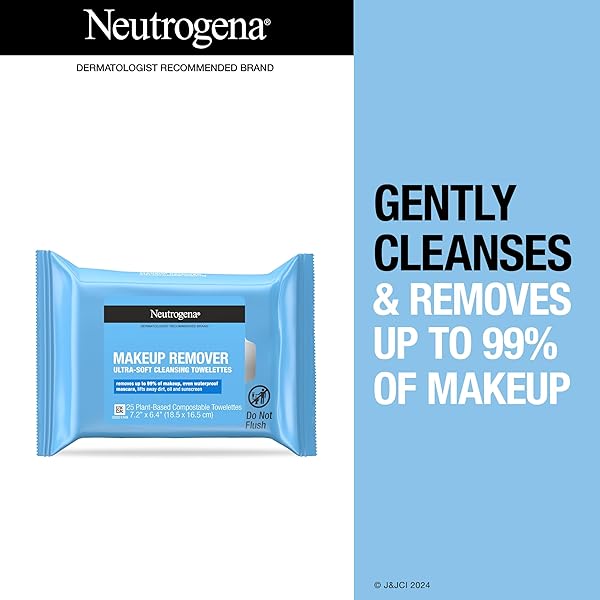 NEUTROGENA MAKEUP REMOVER WIPES MICELLAR ALCOHOL-FREE FACE TOWELETTES REMOVE WATERPROOF MASCARA & OIL, COMPOSTABLE 100% PLANT-BASED CLOTH, DERMATOLOGIST & OPHTHALMOLOGIST TESTED, TWIN PACK 2 X 25 CT