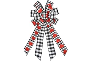 Threetols Large Valentine's Day Wreath Bows, Black White Buffalo Plaid Bows Wreath for Front Door Red Glitter Heart Decoration Bows for Indoor Outdoor Holiday Proposal Wedding Party Decoration