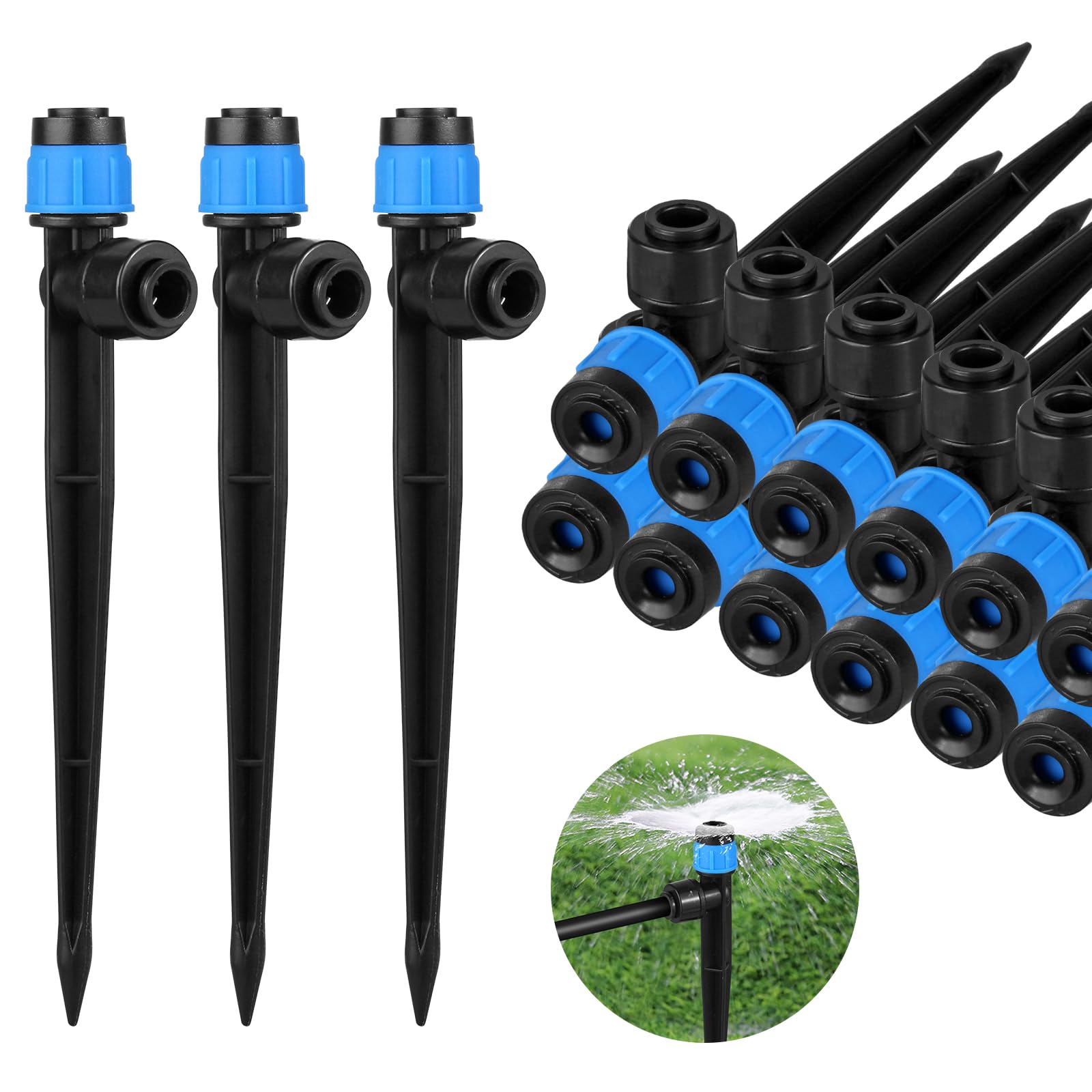 30 Pcs Water Irrigation Drippers, MSDADA Adjustable 360 Degree Fan Sprayer Irrigation Drip Drippers, Drip Irrigation Emitters with Stake, Watering System Accessories Fit for 1/4''(4-7mm) Hose(Blue)