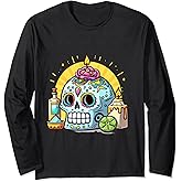 Cool Day of the Death Sugar Skull Cartoon Colorful Design Long Sleeve T-Shirt