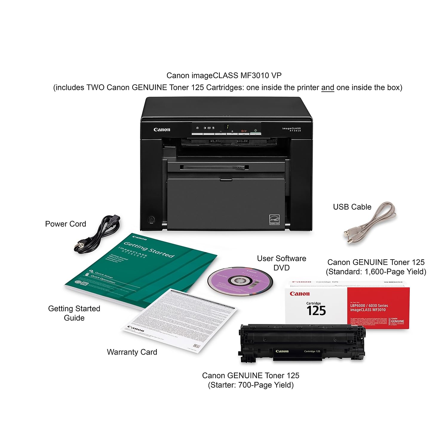 Canon imageCLASS MF3010 VP - Wired Monochrome Multifunction Laser Printer with Scanner, Copier, USB Cable Included, Up To 2,300 Page Toner Yield in Box, 19 PPM, Black