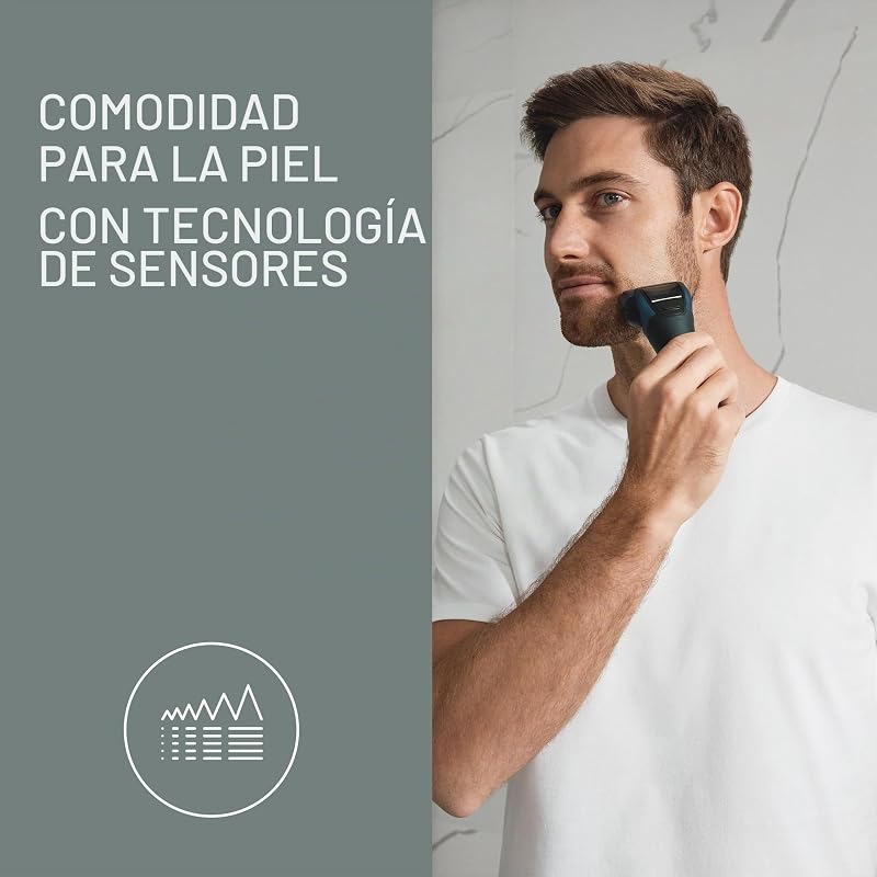 Série 700 ES-ALT4B Barbear Elétrico de 3 lâminas para uso húmido e seco para homens, sem fios, impermeável, sensor responsivo, cabeça flexível, aparador, empunhadura ergonómica, azul