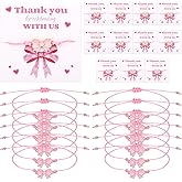 Mikovivi 12pcs Coquette Bow Braid String Bracelets, Adjustable Pink Bow Bracelets with 12 Motivational Card Braided Rope Friendship Jewelry for Women Friends Birthday Party Gifts