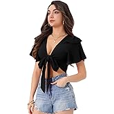 Allegra K Tie Front Knot Blouse for Women's Boho Flutter Sleeve Deep V Neck Sexy Crop Top