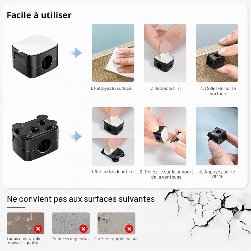 6 Pcs clips câble magnétiques avec 6 ventouses en silicone pour cable management | Support et organisateur de câbles, accroche câble adhésif pour la maison, le bureau, la voiture, et la table de nuit