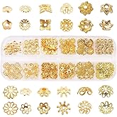 SUNNYCLUE 1 Box 240Pcs Metal Bead Caps 12 Different Flower Bead Ends Filigree Petal Brass Bead Caps Alloy Beads Spacer Accessories with Clear Box for Jewelry Making, Golden