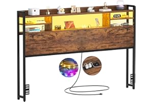 Aheaplus Headboard for Queen Size Bed with Storage, Headboards with LED Light, Power Outlets, USB Ports Queen Size Head Board, Wood headboard Only Sturdy and Stable Headboards, Modern, Rustic Brown