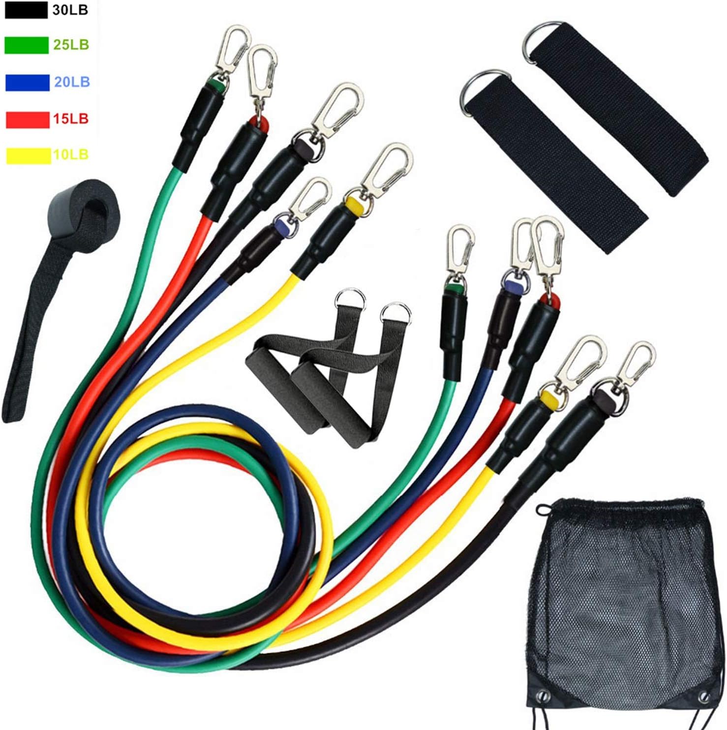 Resistance Bands Set, 11 Pack Exercise Bands Includes 5 Stackable Exercise Bands with Door Anchor, 2 Foam Handle, 2 Metal Foot Ring & Carrying Bag For Resistance Training, Home Workouts