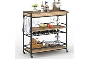 BON AUGURE Bar Cart for The Home, Bar Serving Carts on Wheels, 3 Tier Storage Drink Trolley, Rolling Wood and Metal Liquor Beverage Cart (Vintage Oak)