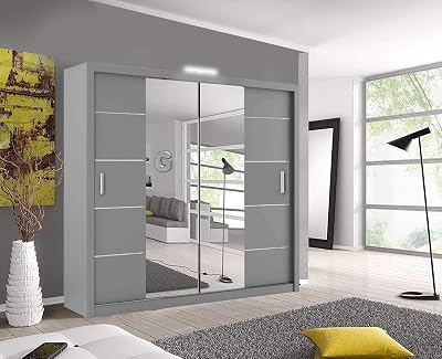 OSLO Modern Mirror Sliding Door Wardrobe with LED Light 150cm Grey