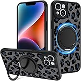 Fiyart Designed for iPhone 14 Case Ring Holder Kickstand Magnetic Bumper Compatible with MagSafe Camera Lens Protection for Women Men Cheetah Print 6.1"-Black