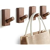 Felidio Natural Wooden Wall Hooks, Adhesive & Screw Mount Coat and Towel Hooks - Decorative Key Holder, Hat Rack, Stocking Wall Hangers for Bathroom Entryway Closet - 4 Pack, Walnut Wood