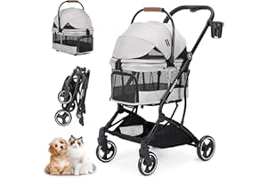 Beberoad Pets T3 3 in 1 Small Pet Stroller for Dogs & Cats, 4 Wheels for Dogs with Detachable Carrier with Pad, Canopy and Cup Holder, Grey