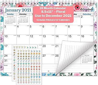 Amazon Com Cranbury Small Wall Calendar 2020 2021 Floral Monthly Calendar For Binder Desk Or Wall 8 5x11 Inches Use July 2020 To December 2021 School Year Academic Calendar Bonus Stickers Included Office Products