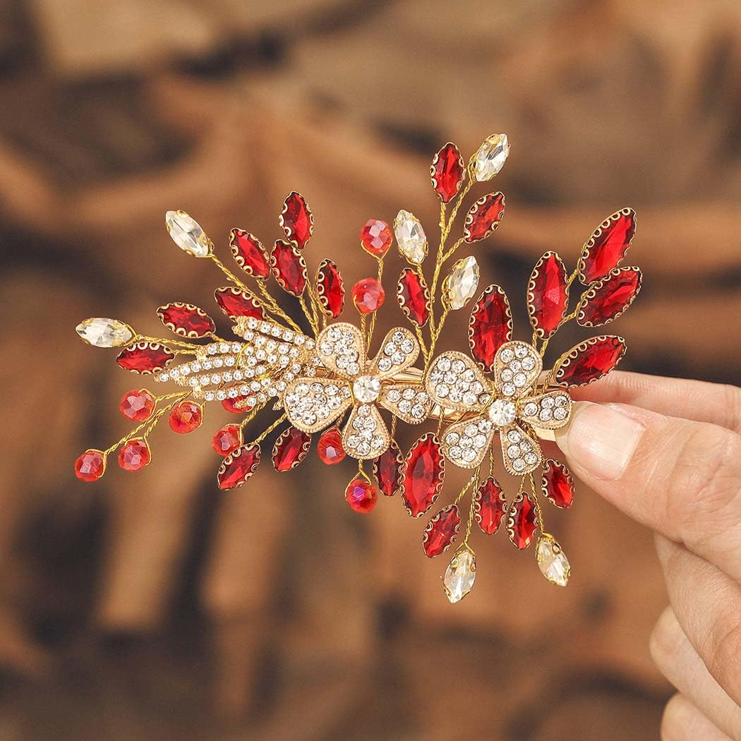 IYOU Crstal Wedding Hair Clip Flower Red Barrette Headpiece Rhinestone Hair Combs Prom Bridal Hair Accessories for Women