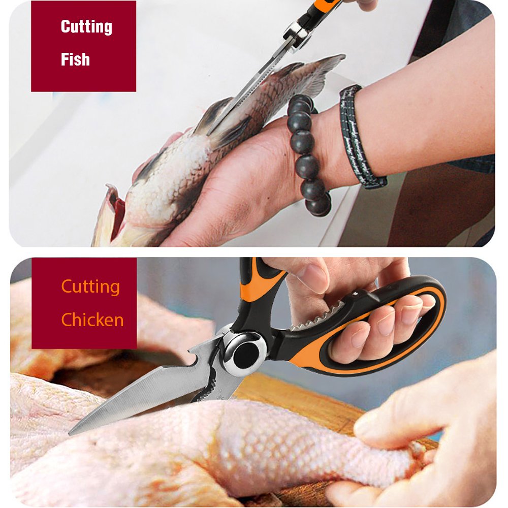 Kitchen Shears, Naxxlab Stainless Steel Multi-Purpose Heavy Duty Kitchen Scissors, Cooking Scissors with Bottle Opener Sacle Scraper Function 8 Inch (Orange & Black)