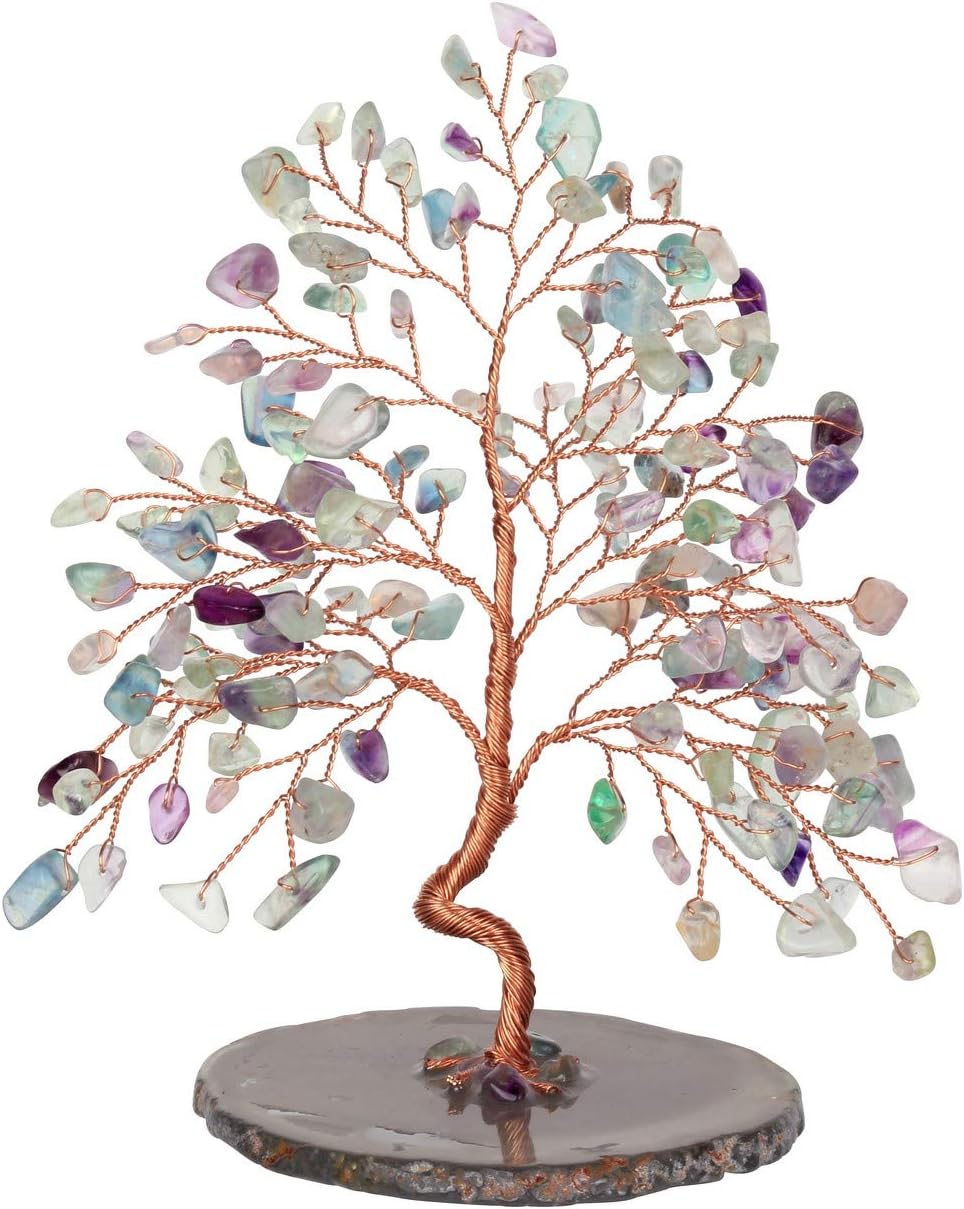 CrystalTears Natural Fluorite Crystal Money Tree Feng Shui Crystal Tree Sculpture Figurine Healing Gemstone Tree of Life Ornament with Agate Slice Geode Stand for Good Luck Home Decoration 5.5