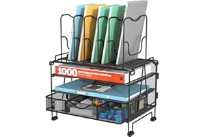 BOHDK Mesh Desk Organizer, 3-in-1 Desktop Organizer with 3 Tier Tray and 5 Upright Sections, File Organizer for Desk with Sliding Drawer, Black