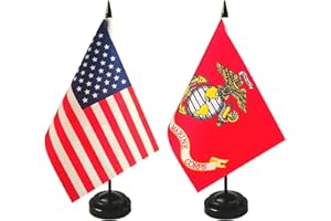 ZIGVERT 2 Pack USA & Marine Corps Desk Flag, 1 Marine Corps Table Flag,1 American Desk Flag,Marine Corps Office Table Flag on Stand Base, Marine Corps Decorations for Offices, Families, Conference rooms