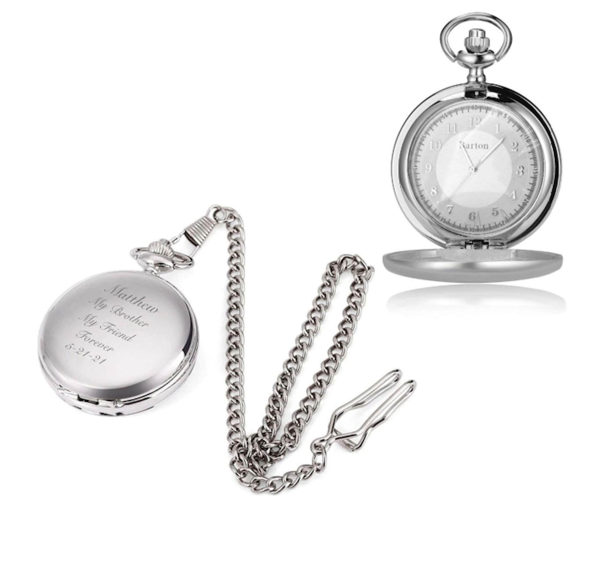 Personalized Silver Pocket Watch with Glass Cover Custom Engraved Free - Stainless Steel Timepiece with Gift Box, Free Engraving - Ships from USA