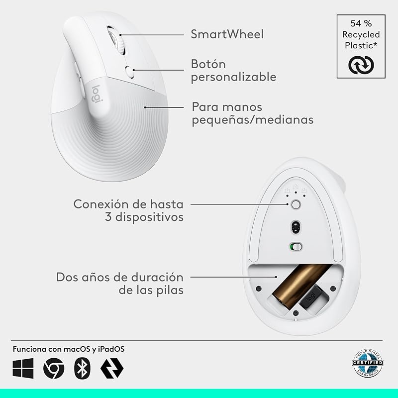 Mouse vertical ergonômico logitech lift, receptor usb sem fio, bluetooth ou logi bolt, cliques silenciosos, 4 botões, compatível com windows/macos/ipados, laptop, pc - branco