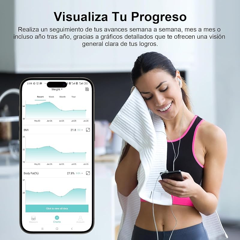 Báscula Inteligente de Baño con 8 Electrodos, Báscula de Precisión Bioimpedancia, Básculas Digitales Baño, 18 Mediciones Esenciales, para Andriod y iOS