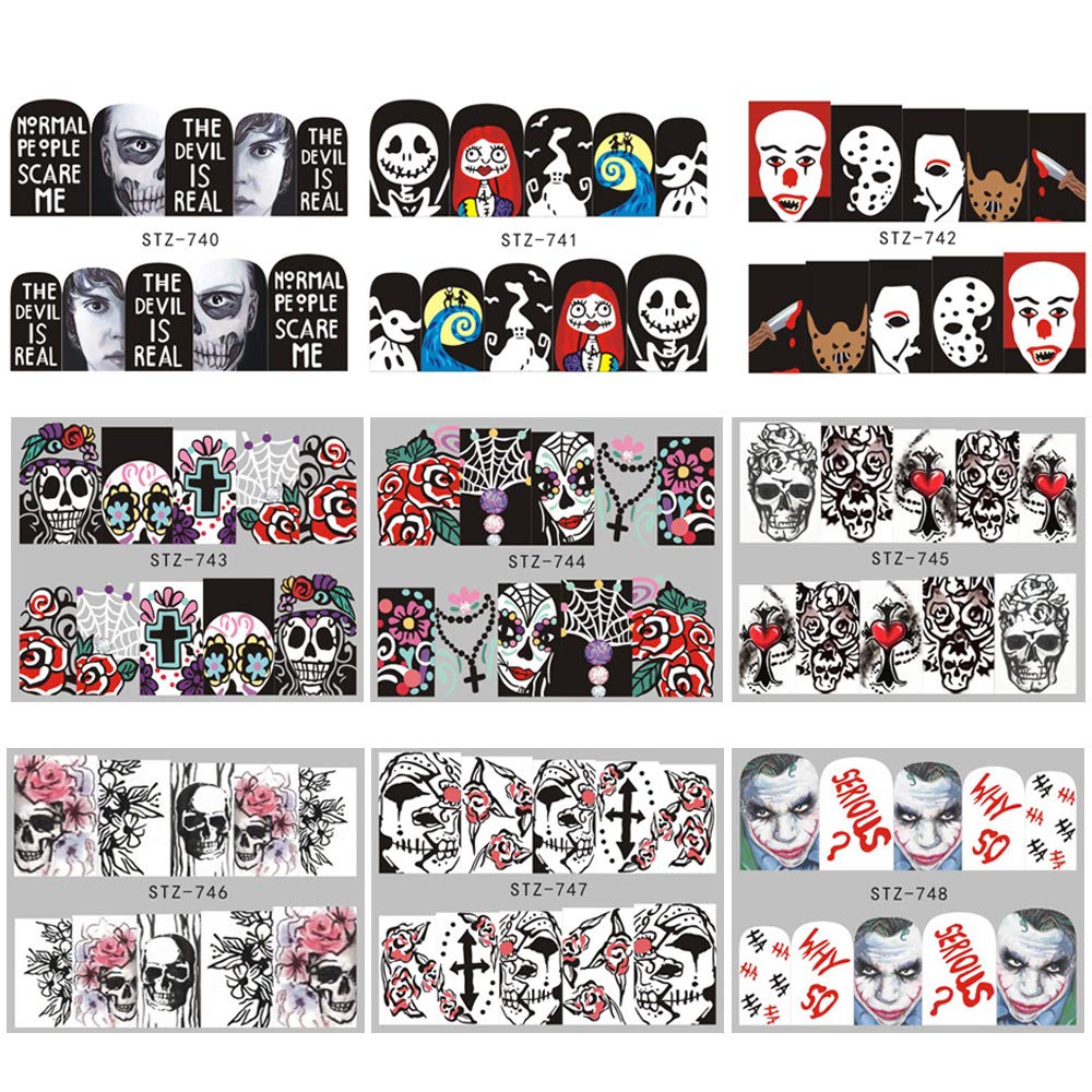 Halloween Nail Stickers Day of the Dead Nail Art Accessories Decals 25 Sheets Ghost Skull Eye Clown Hulk Water Transfer Nail Art Stickers for Halloween Party Supply Fingernails Toenails Decorations: Beauty