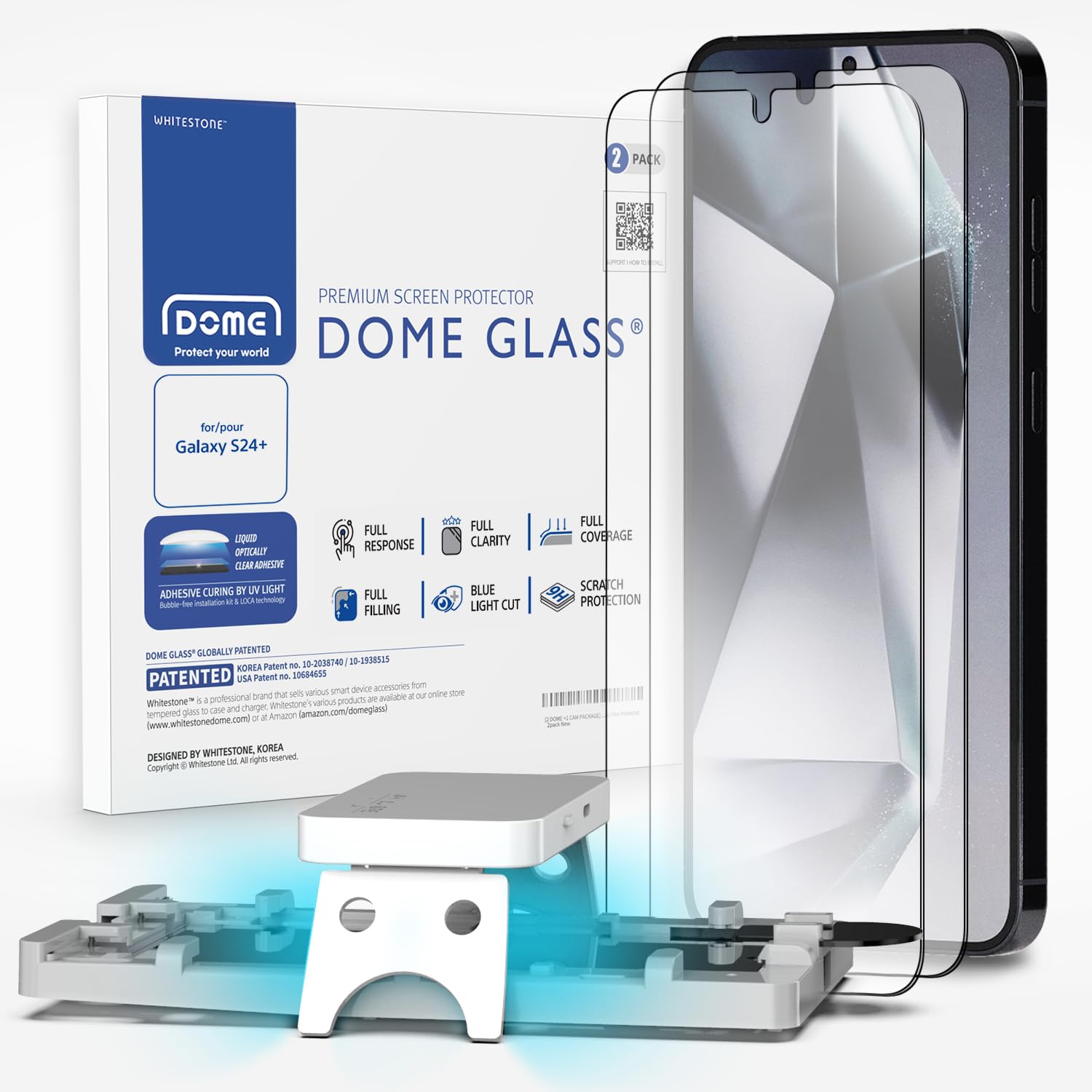 Photo 1 of DOME GLASS Whitestone [Authentic full coverage] Tempered glass screen protector for Galaxy S24 Plus with UV lamp [2pack]