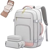 LOVEVOOK Travel Backpack for Women, 50L Carry On Backpack Flight Approved with Garment Bag, Personal Item Travel Bag Fit 17 Inch Laptop, Business Weekender Overnight Daypack With 2 Cubes, Pink-Grey