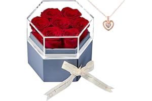 Eterfield Eternal Rose in a Jewelry Box Preserved Roses That Last More Than a Year Real Rose with Heart Shaped Necklace for Her (7 Red Roses, Hexagon Haze Blue Box)