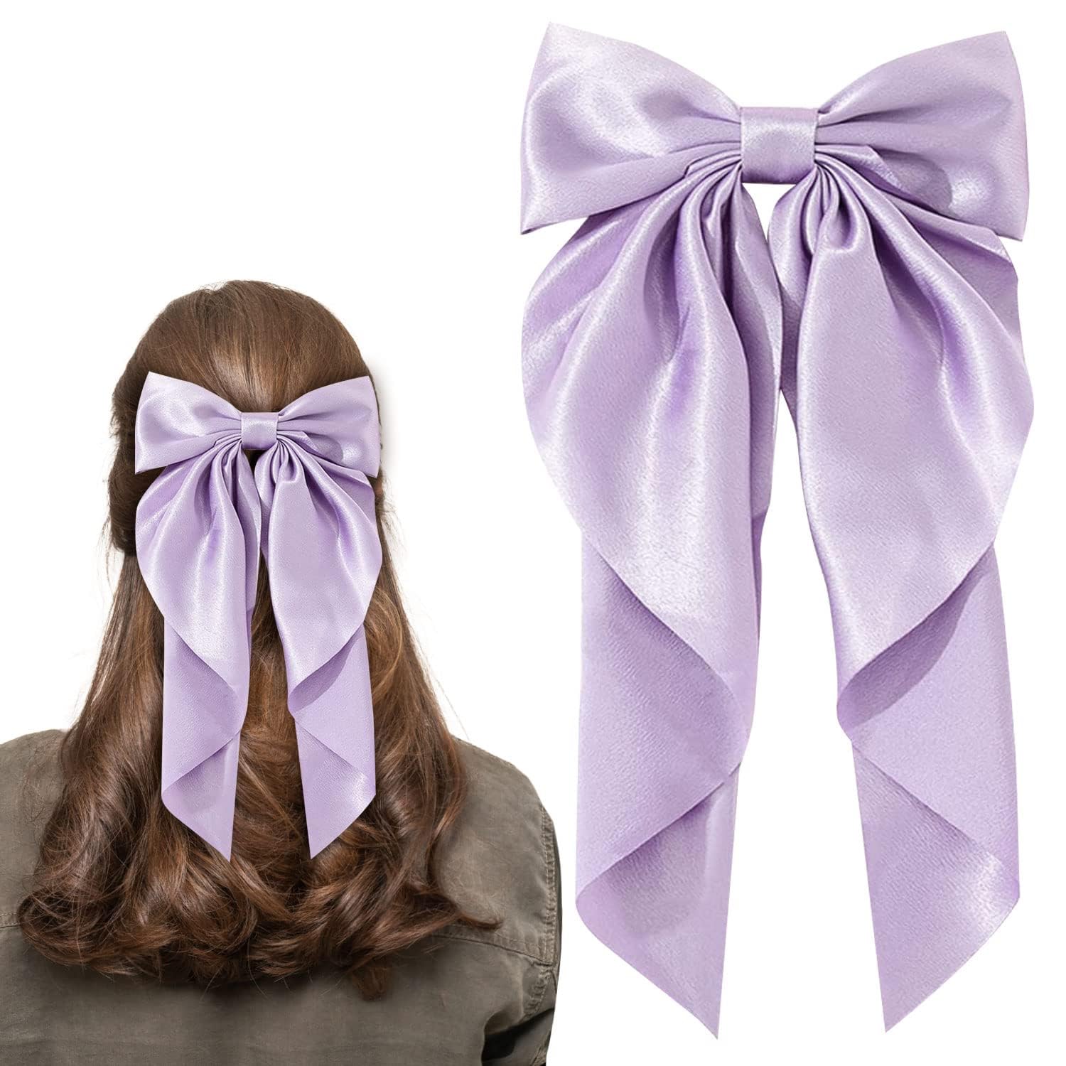 LECTNORE Purple Hair Bow - Large Bowknot Hair Clip for Women, Satin Silky Ribbons with Long Tail, French Barrette Hair Accessory for Girls Ponytail Holder — image 1