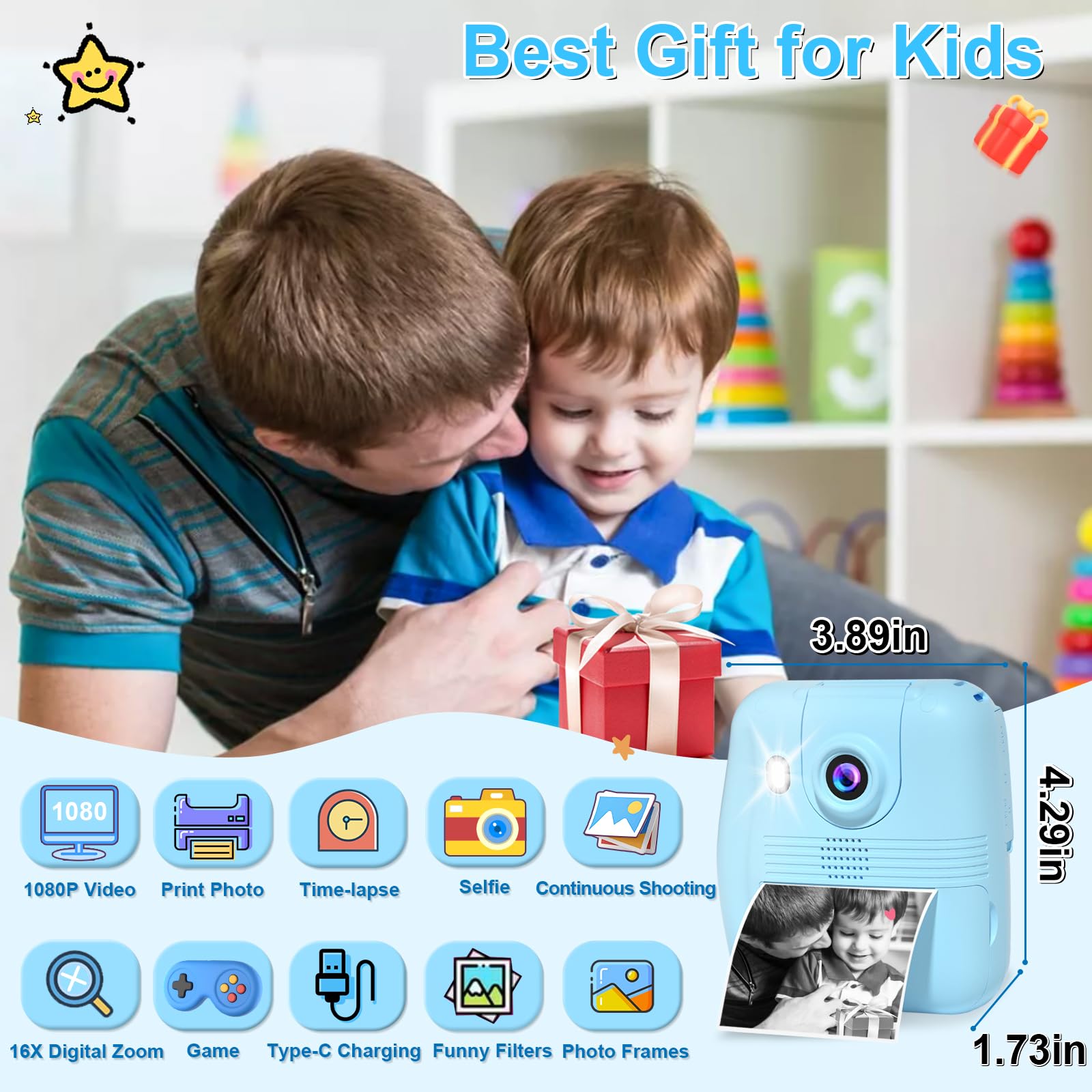 GKTZ Kids Camera Instant Print - 1080P HD 0 Ink Photo Christmas Birthday Gifts for Age 3-8 Girls Boys Portable Toy with 3 Rolls Paper, 5 Color Pens, 32GB Card Blue, PB210-32G