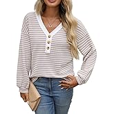 ShawGobow Striped Henley Shirts,V Neck Long Sleeve Knit Tops,Women Fall Clothes Going Out