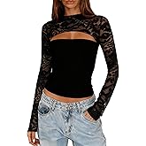 ZEXIGLAD Women’s Lace Long Sleeve Going Out Top Sexy Cut Out Y2K Crew Neck Club Party Night Out Tops Mesh Lace Blouse Shirt