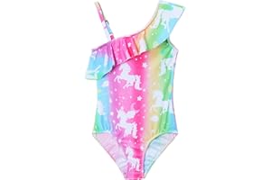 Snowheart Girls Swimsuit One Piece Bathing Suit Kids Summer Hawaiian One Shoulder Ruffle Swimwear for 3-12 Years Old