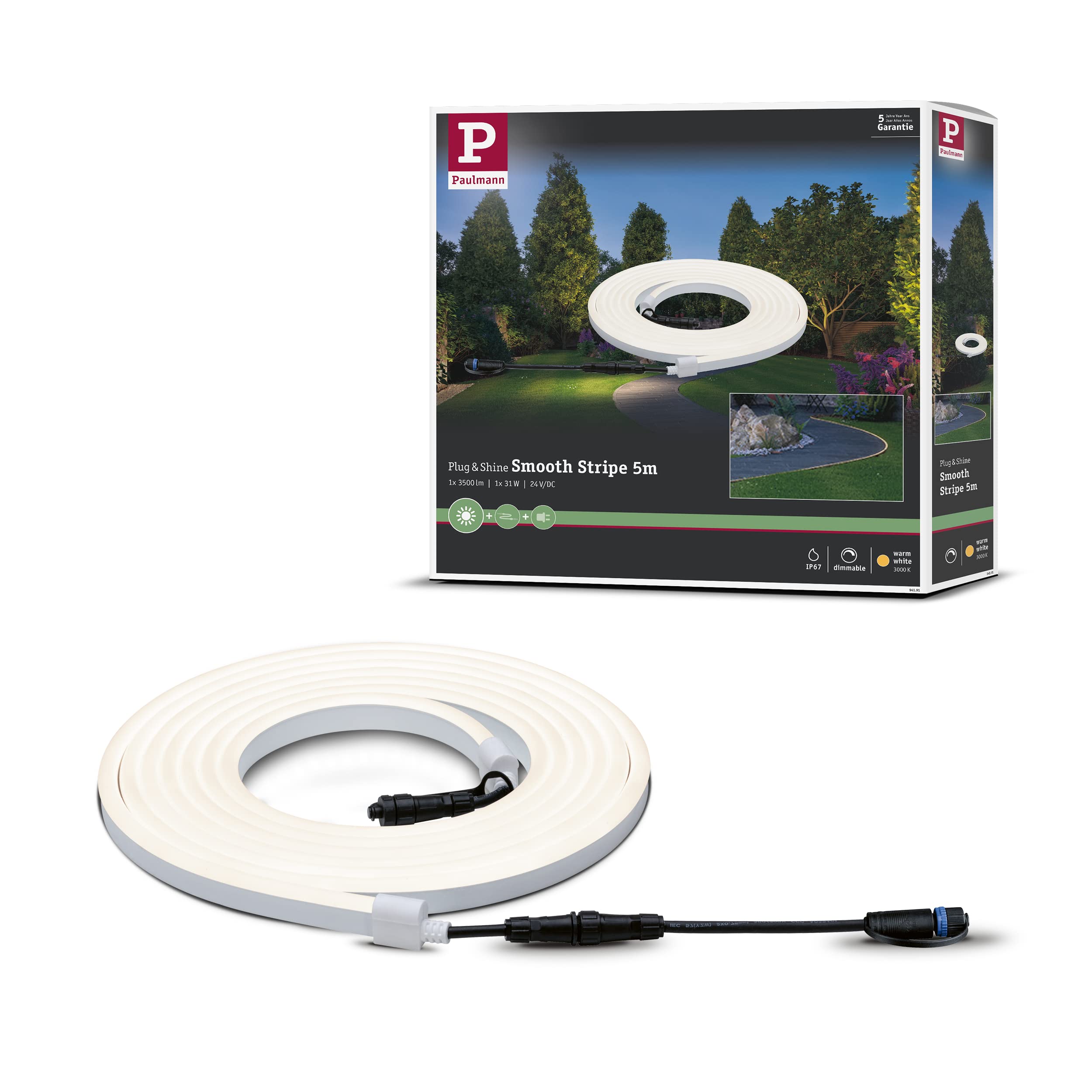 Paulmann 94191 Plug & Shine LED Exterior luminaire Flexible neon Strip incl. 1x31 watt IP67 dimmable Outdoors White Garden luminaire Plastic Garden Light 3000 K