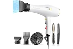 Dekuri Professional Ionic Hair Dryer AC Motor Fast Drying Salon Blow Dryer with Diffuser, Comb, Nozzle, Concentrator, for Curly and Straight Hair, 2 Speed & 3 Heat Setting, Cool Button, White