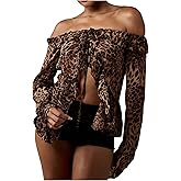 Floerns Women's Y2k Leopard Off Shoulder Bell Sleeve Crop Top Ruffled Tie Front Blouse Shirts