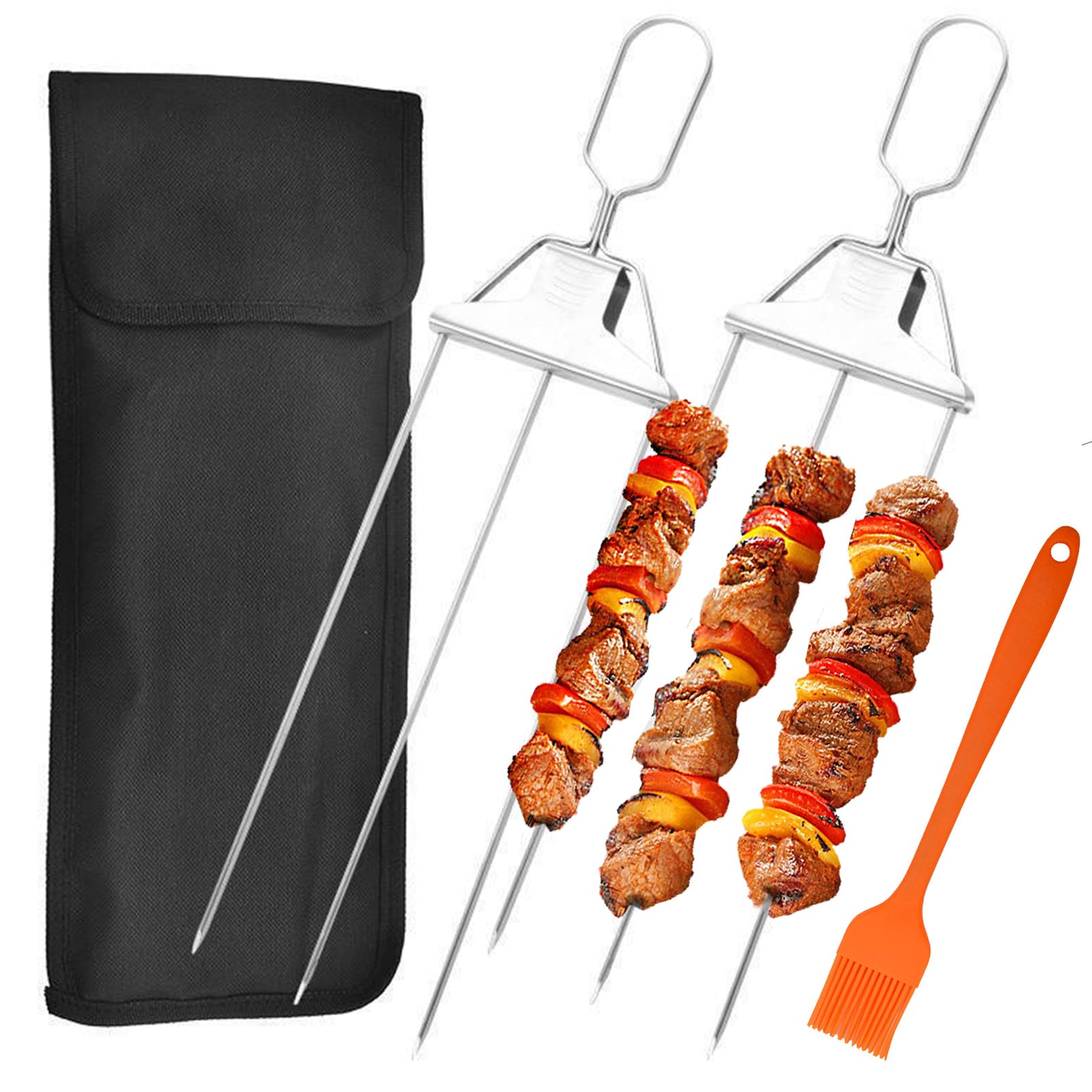 Jogoico 3-Way BBQ Metal Skewer Kit - 2Pcs Stainless Steel Grill Skewers With Push Bar Slider - 3-Prong Kabob Forks for Outdoor Grilling - Easy to Use Barbecue Accessories