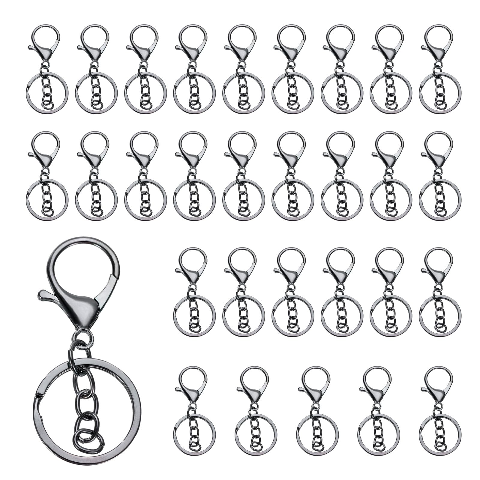 uxcell Lobster Claw Clasps Keychain, 30 Pcs Lobster Claw Clasp Hook with Flat Split Keychain Ring and Chain for DIY Craft Key Chain Accessories, Gun Black
