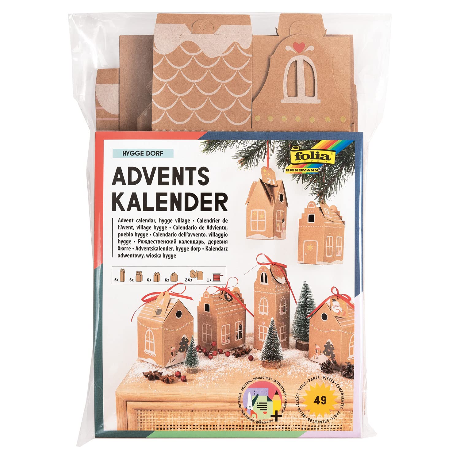 folia 9385 - Hygge Village Advent Calendar Set, DIY Craft Set with Gift Boxes for Filling, 24 Houses for Hanging or Standing, as a Gift and Special Christmas Decoration, Reusable