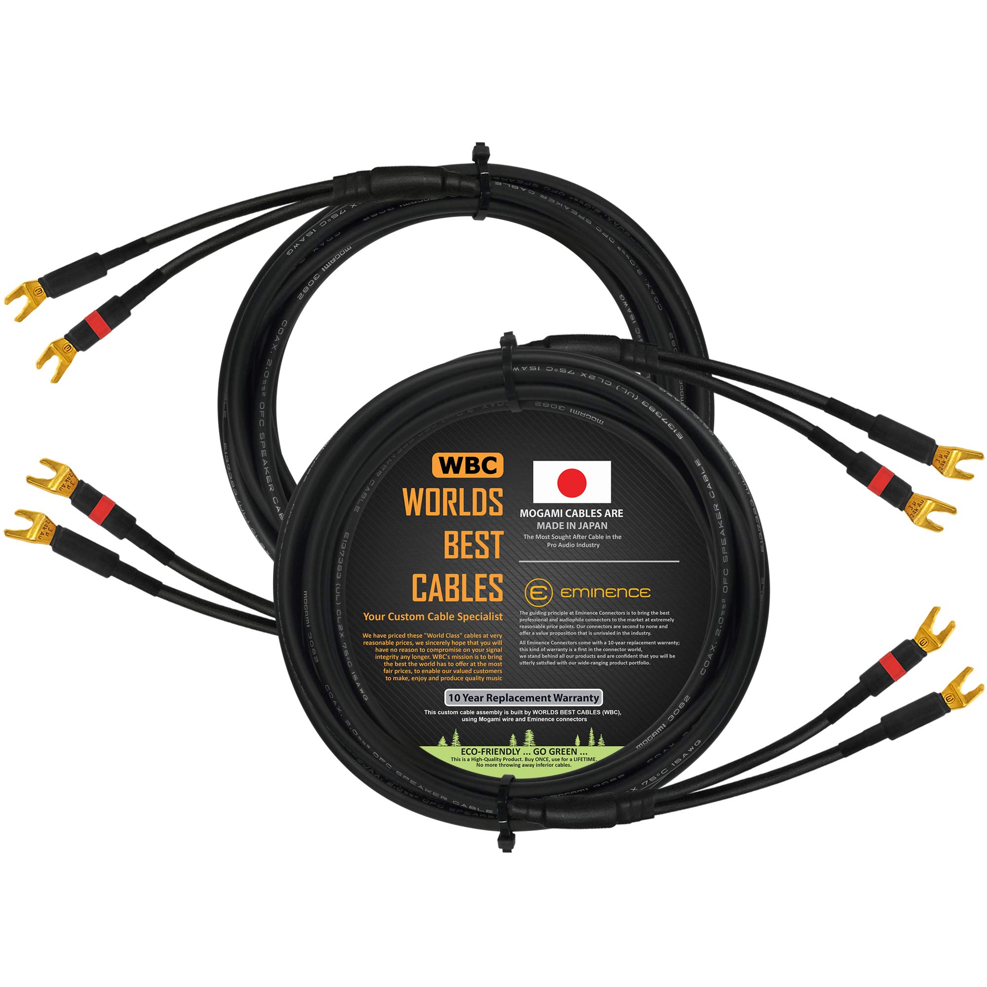 4 Meter Pair of Mogami 3082 Superflexible Coaxial 15 AWG Audiophile Speaker Cables - Terminated With Gold Plated Spade Connectors - (2 Cables, 4 Meter Each & 2 Spade plugs on each end)