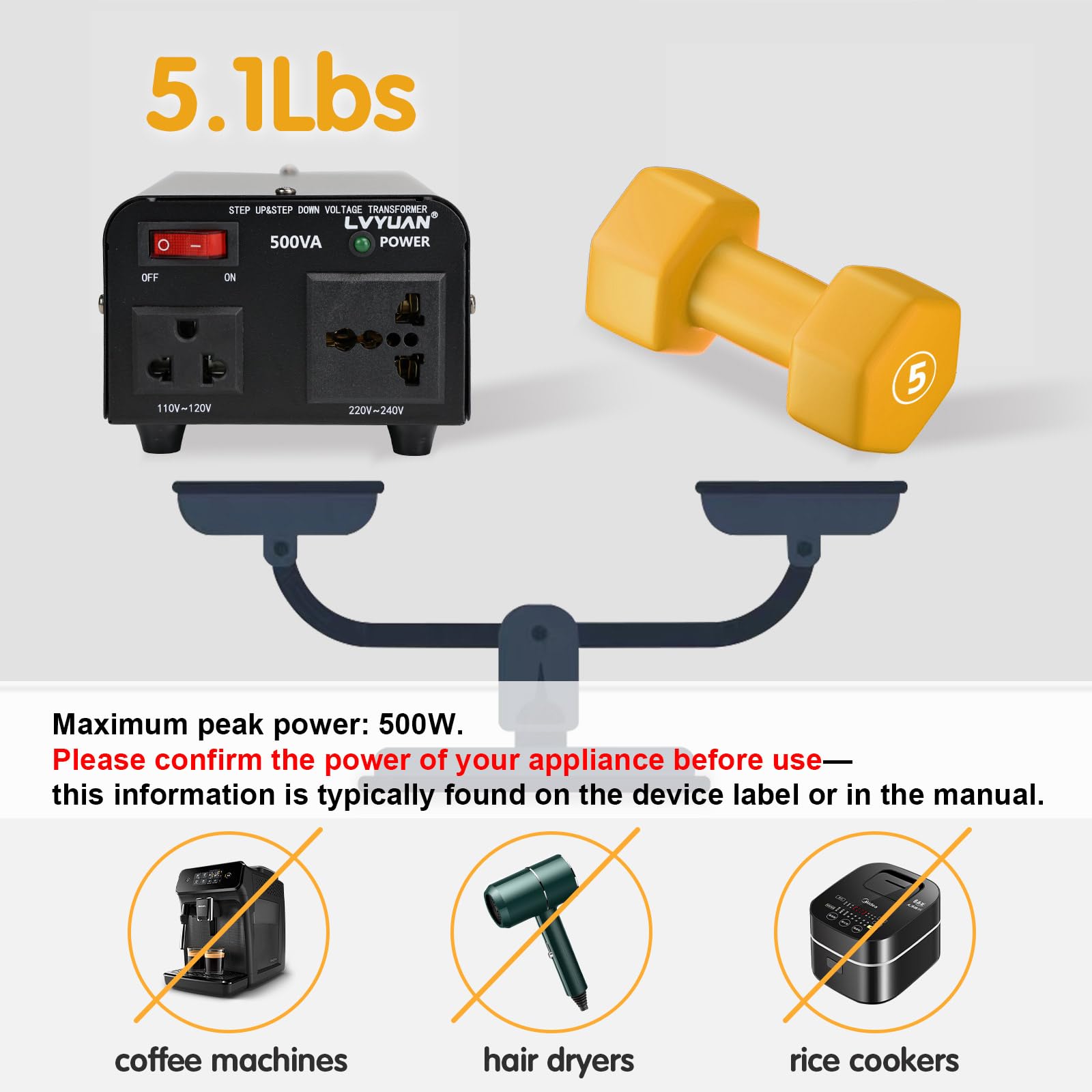Yinleader 500W Voltage Transformer Power Converter(110V to 220V, 220V to 110V) Step Up/Down Converter 110/120 Volt - 220/240 Volt w/US Power Cord [300W Continuous Power]
