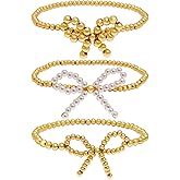 BXDA Gold White Bead Bow Bracelets Set for Women, Trendy 3Pcs Boho Handmade Stretchtable Small Beaded Stackable Friendship Bracelet Prom Holiday Outfit Jewelry Gift.