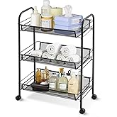 facdiwok 3 Tier Rolling Cart for Bathroom - Lightweight Metal Wire Storage Organizer with Wheels, Holds Toiletries & Cosmetics, Tool-Free Assembly, Black