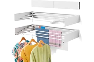 Laundry Drying Rack Collapsible, Wall Mounted, Clothes Drying Rack, 31.5" Wide, 13.2 Linear Ft, 5 Aluminum Rods, 60 lb Capaci
