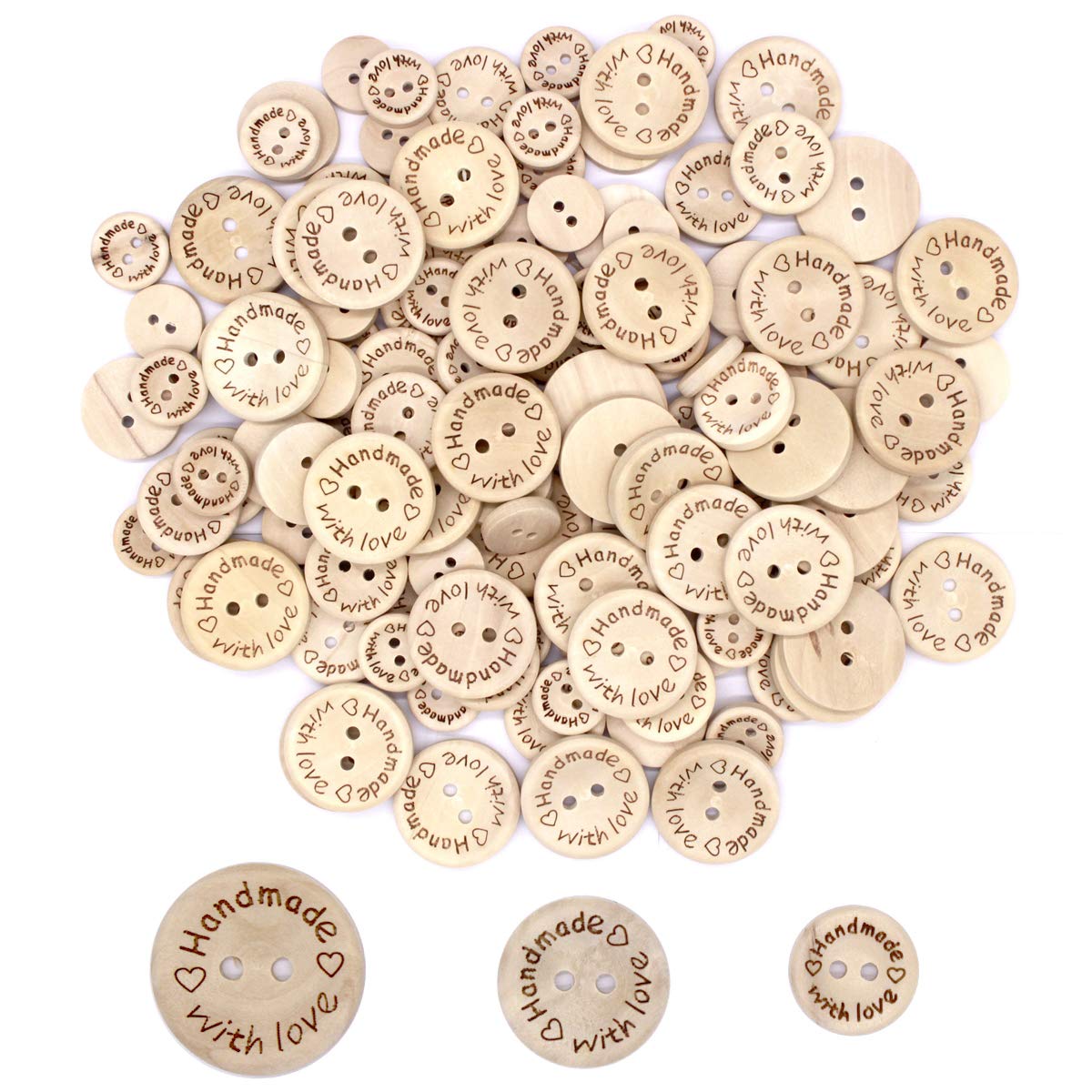 Disino 120pcs Wooden Buttons Handmade with Love Round Buttons for Sewing DIY Craft Clothes Decorations 15mm + 20mm + 25mm 2 Holes