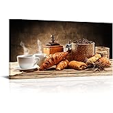 Derkymo Coffee Cup and Beans Canvas Wall Art Brown Coffee With Bread Picture Print Food Artwork for Cafe Home Decor 16"x32"